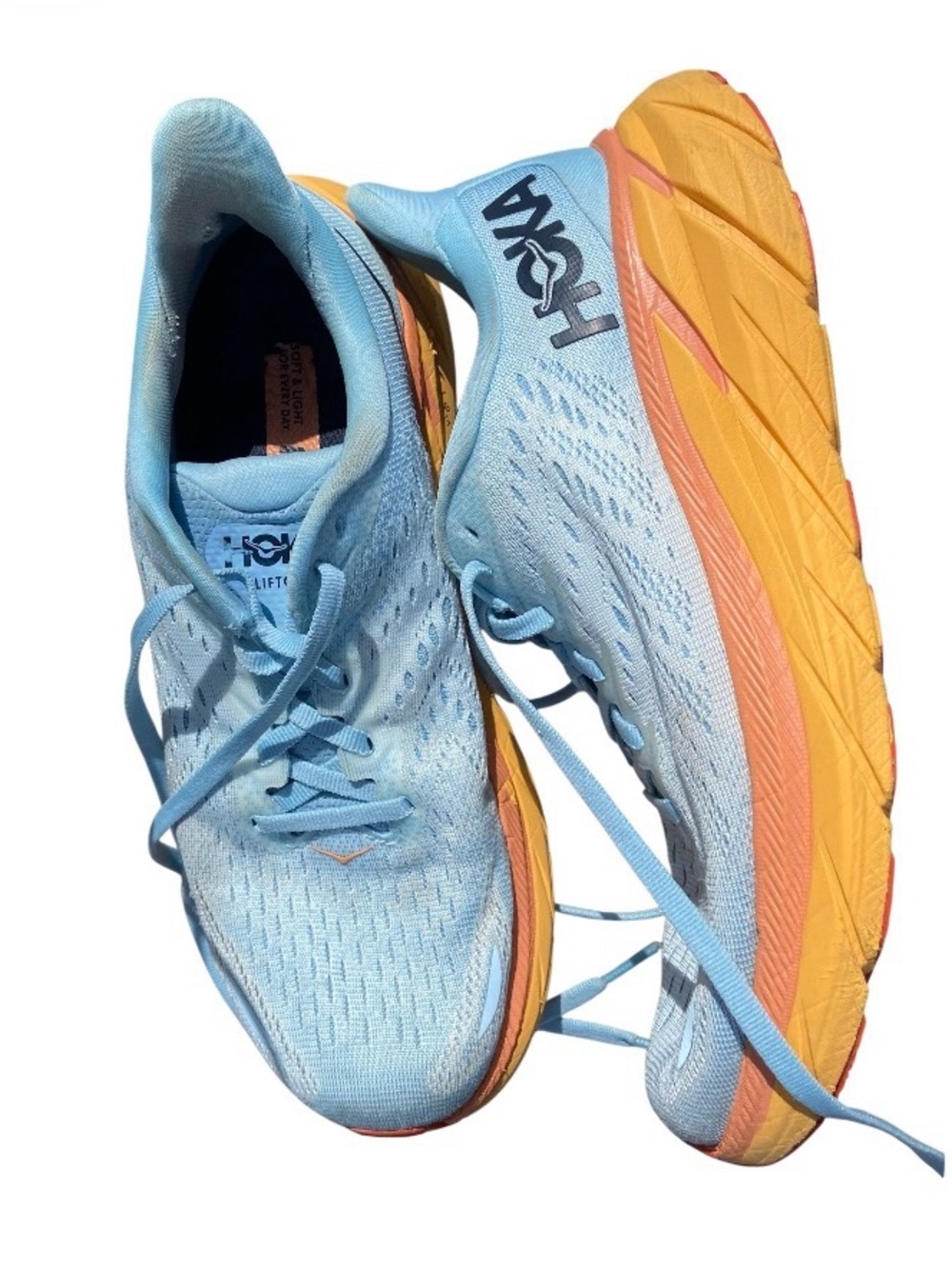 Hoka Clifton 8 Women's Light Blue and Orange Athletic Running Shoes size 7.5